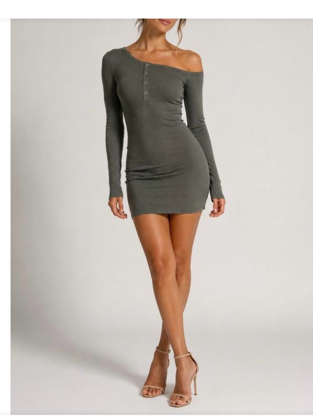 One-Shoulder Long-Sleeve Mini Dress in Olive